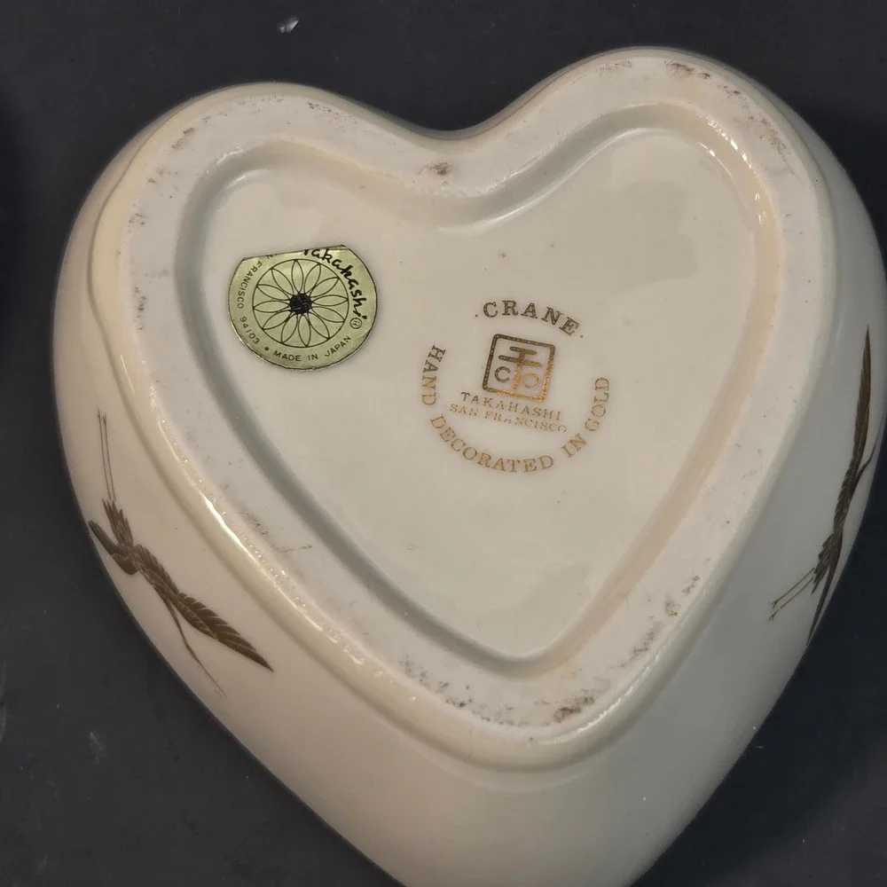 Takahashi San Francisco Heart Trinket Box Gold Crane Porcelain Japan Vintage